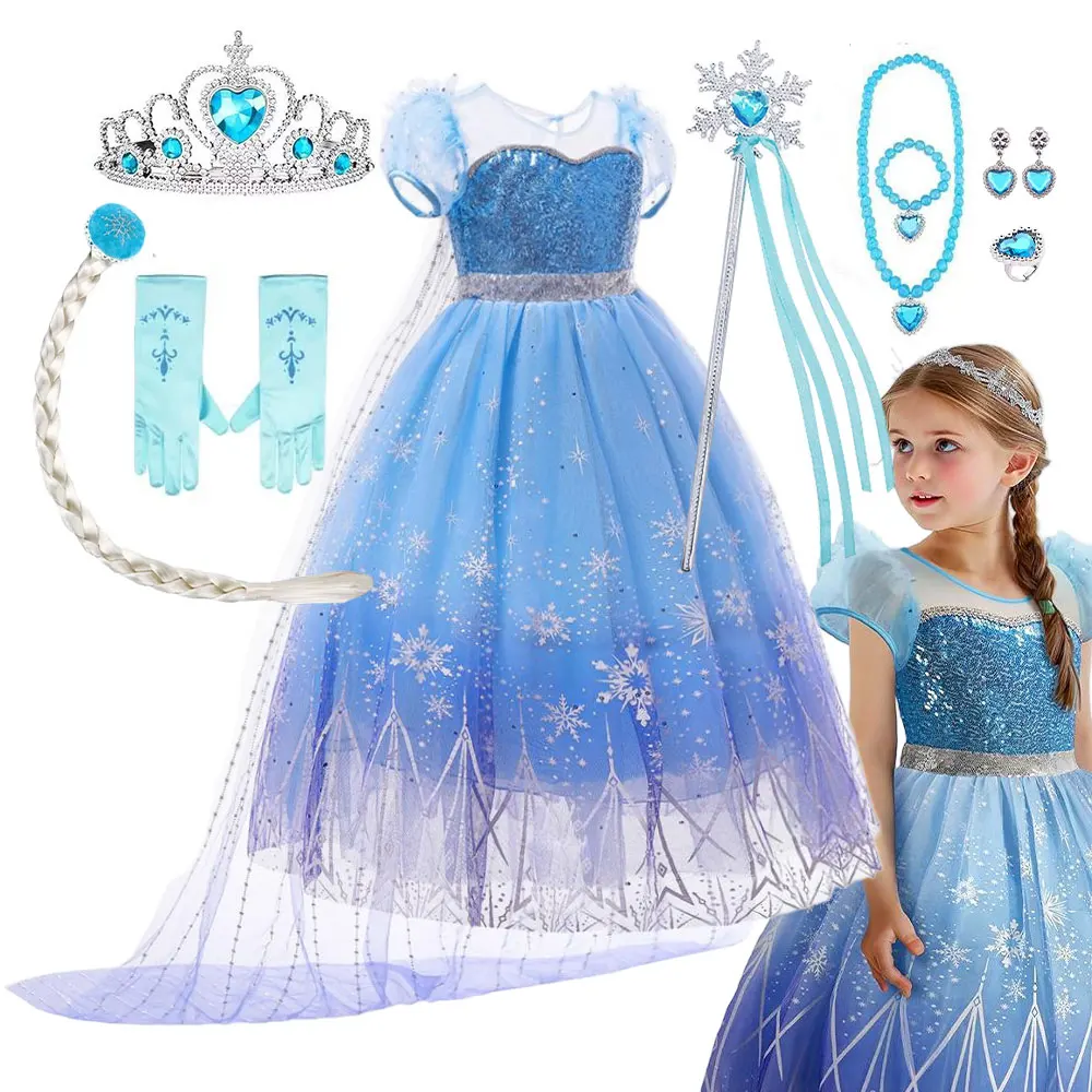 Summer Snow Queen Inspired Princess Dress Elsa Blue Sequined Snowflake Puffy Gown Kids Halloween Christmas Party Cosplay Costume