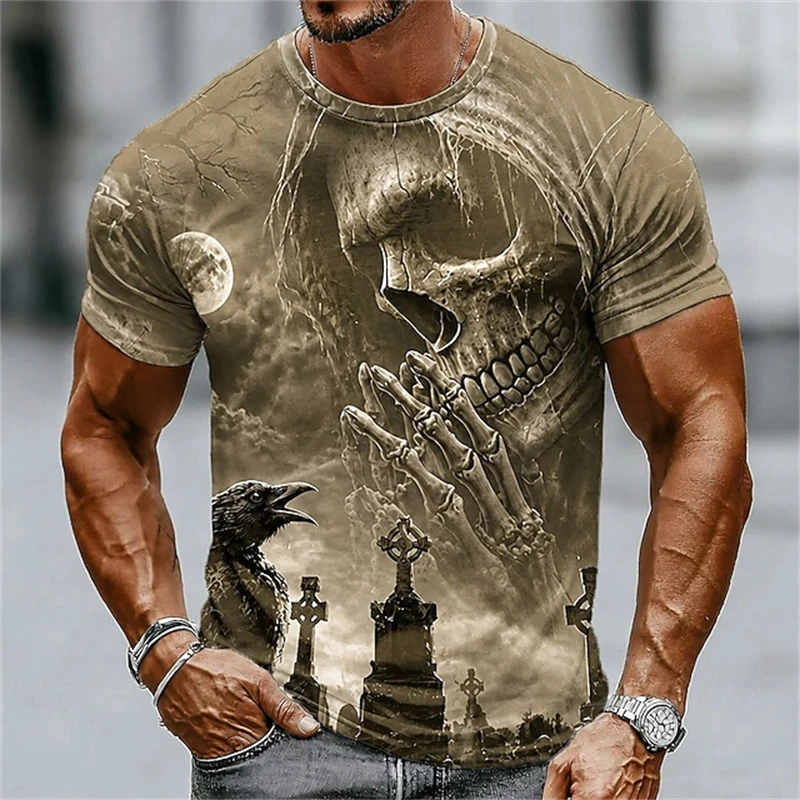 Vintage Skull Crow Cross 3D Print Mens T Shirt Short Sleeve O Neck Tops TrendySpooky Casual Streetwear Halloween Cosplay Tees