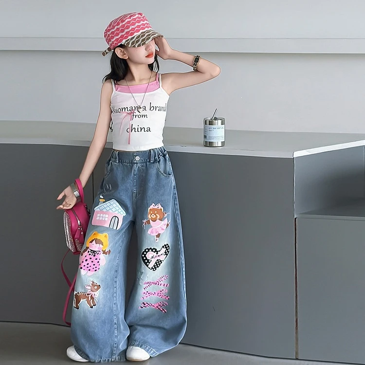 New summer girls cartoon printed jeans Teenage girls street dance hip-hop fashion loose straight leg denim pants for kids 4-14T
