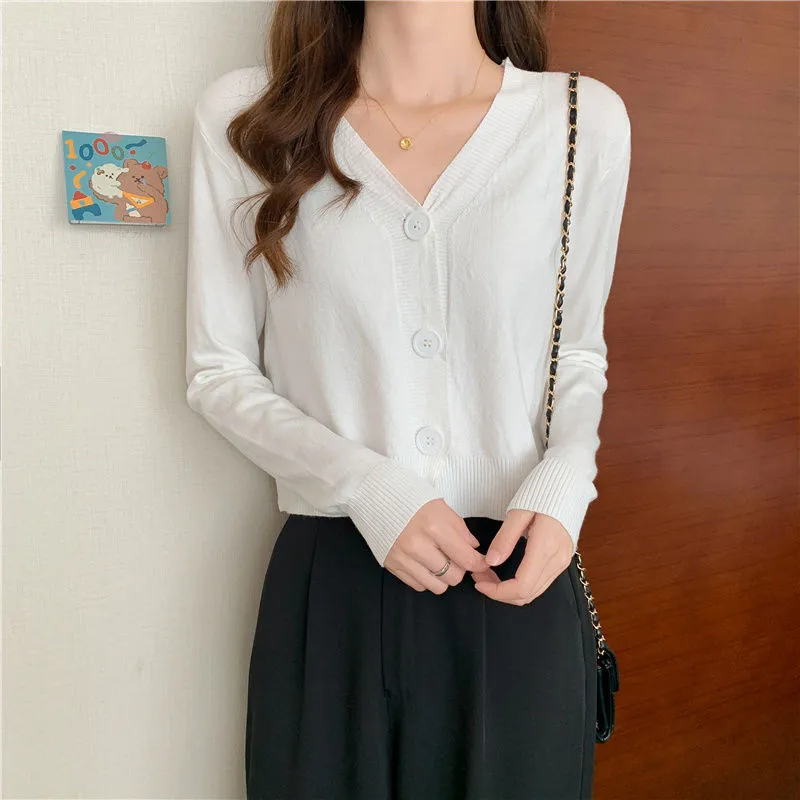 

Spring Autumn New Women Knitted Cardigan Casual V-Neck Long Sleeves Thin Multi-Color Short Loose Knitwear Sweater Female W1034
