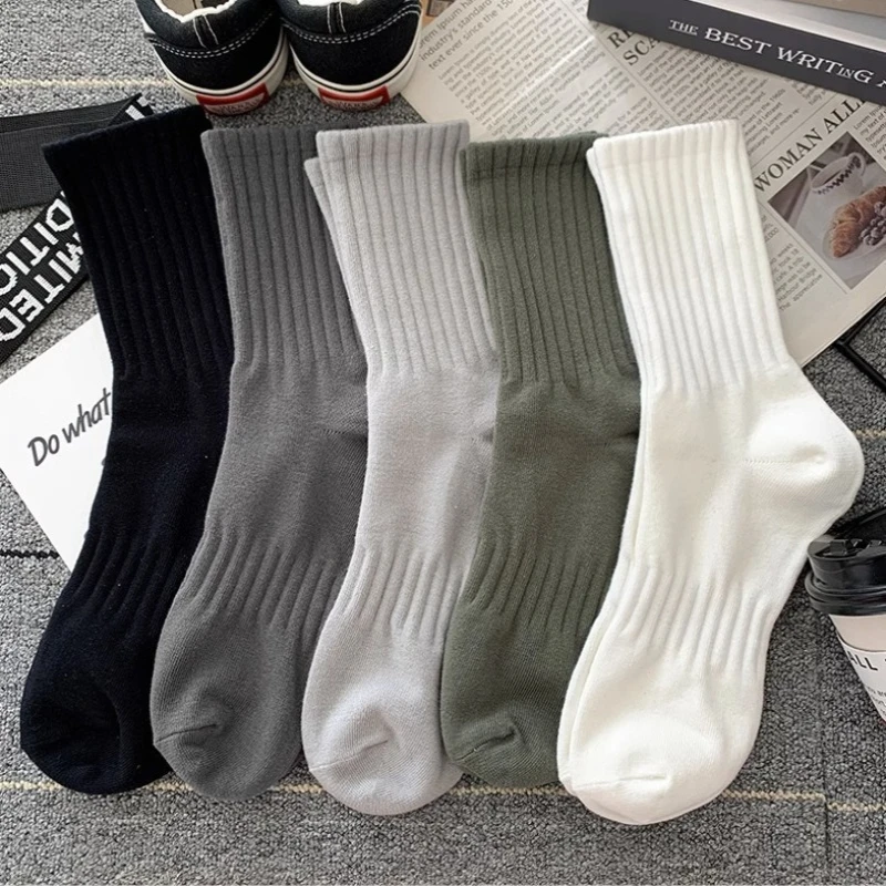 5 pairs of autumn winter thick thread anti odor sweat absorbing breathable mid tube socks sports thick solid color casual socks
