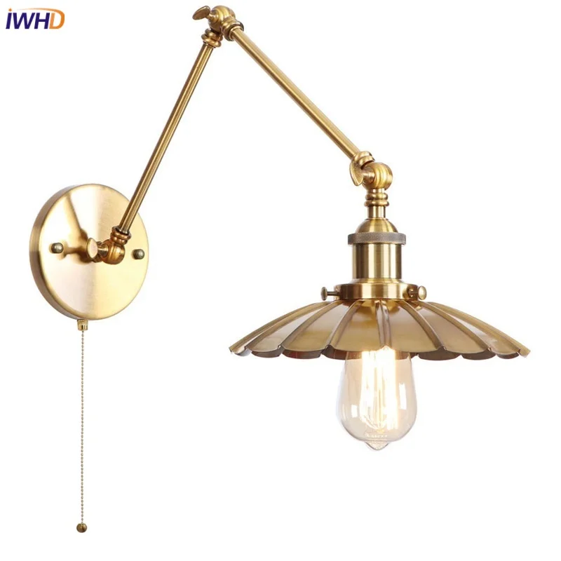 

IWHD Gold Industrial LED Wall Lamps Home Decor Restaurant Kitchen Study Pull Chain Switch Vintage Bedside Lamp Applique Murale