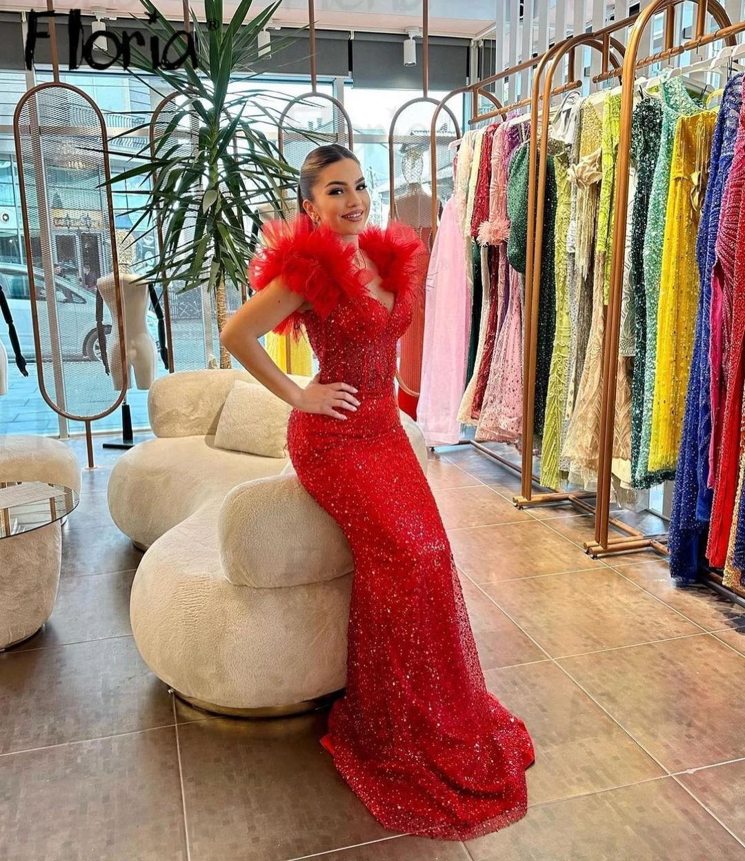 Floria Red Sequins Formal Occasion Dresses Ruffles Off Shoulder Mermaid Long Evening Dress Vestidos De Fiesta Women Party Dress