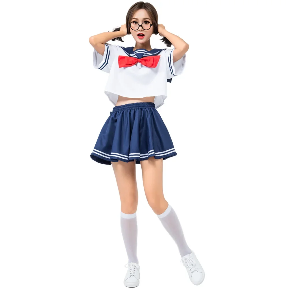 Women Campus Cute Sailor Collar Navy Shirt and Skirt Set Harajuku Lolita Sweet Bow-Knot Girl Retro Kawaii Preppy Style Dress