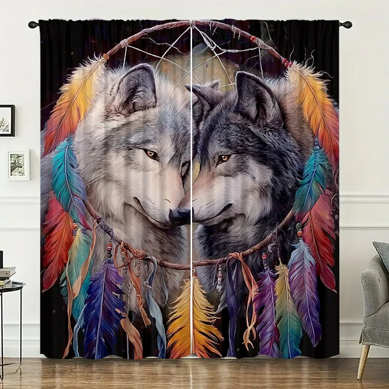 Dream Catcher with Two Wolf Patterns Print Drapes Room Darkening Window Curtains Home Decor,Rod Pocket Blackout Curtains Bedroom