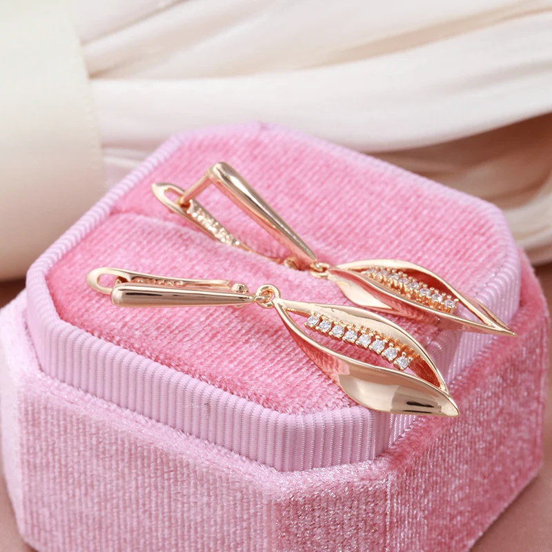 SYOUJYO 585 Rose Gold Color Long Leaf Drop Earrings For Women Natural Zircon Elegant Wedding Jewelry Trendy English Earring