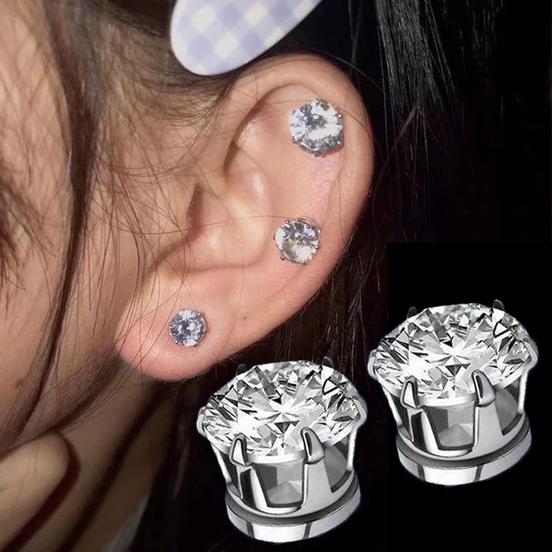 2pcs/pair Unisex Magnetic Ear Studs Six Claw Round Cubic Zirconia Clip Earrings Non Piercing Daily Wear Jewelry For Men Women