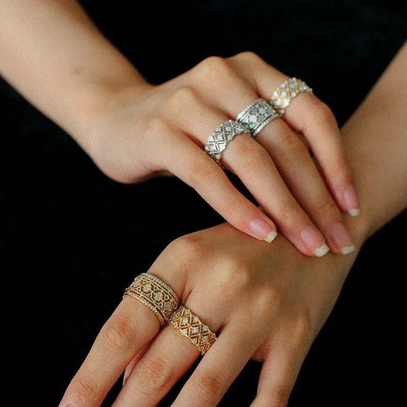 Gold Silver Plated Vintage Hollow Wide Band Ring Inlaid Green CZ Medieval Women Statement Cocktail Jewelry
