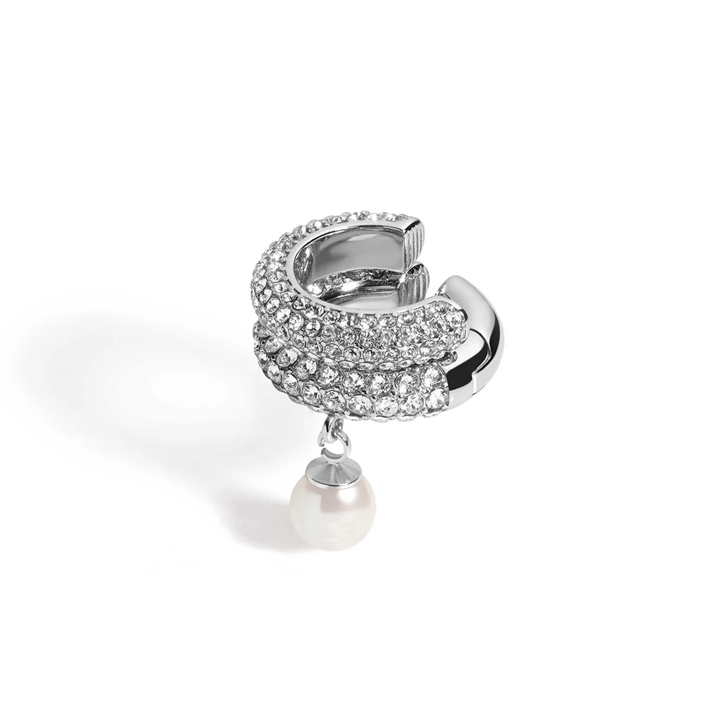Stainless Steel Shining Double C Shape Ear Cuffs with Full CZ Zircon Unusual Imitation Pearl Pendant Clip Earrings Punk Jewelry