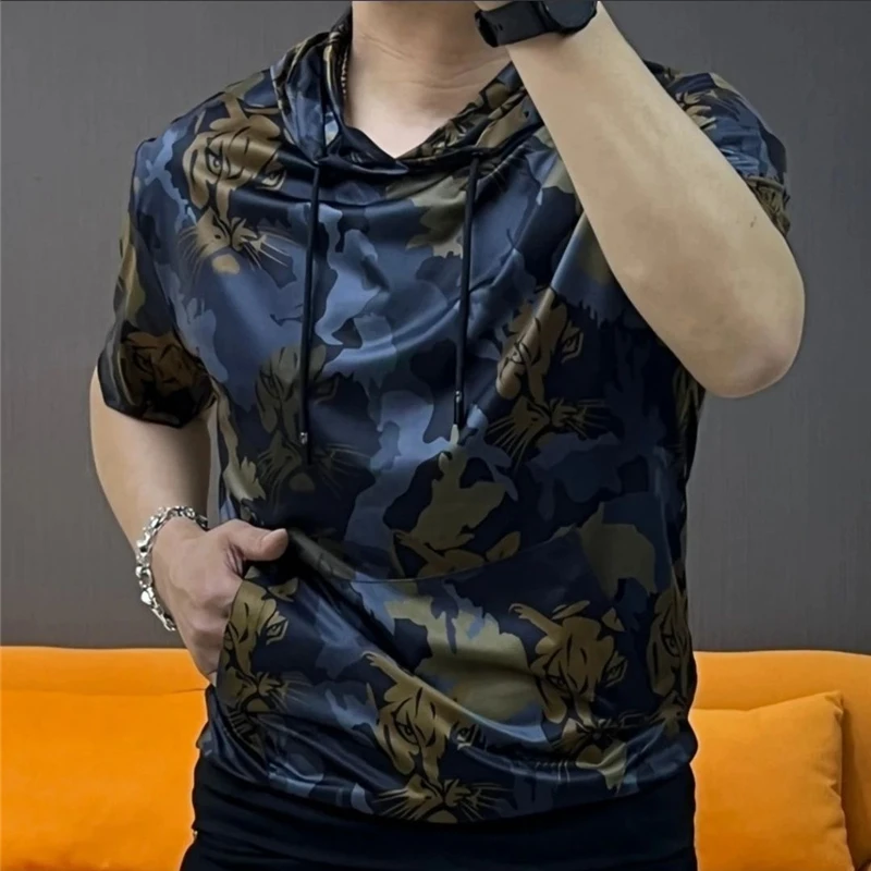 2023 Summer Men's Clothing Trendy Camouflage Printed Short Sleeve Hooded Top Y2K Casual Streetwear Comfortable Pullover T-shirts