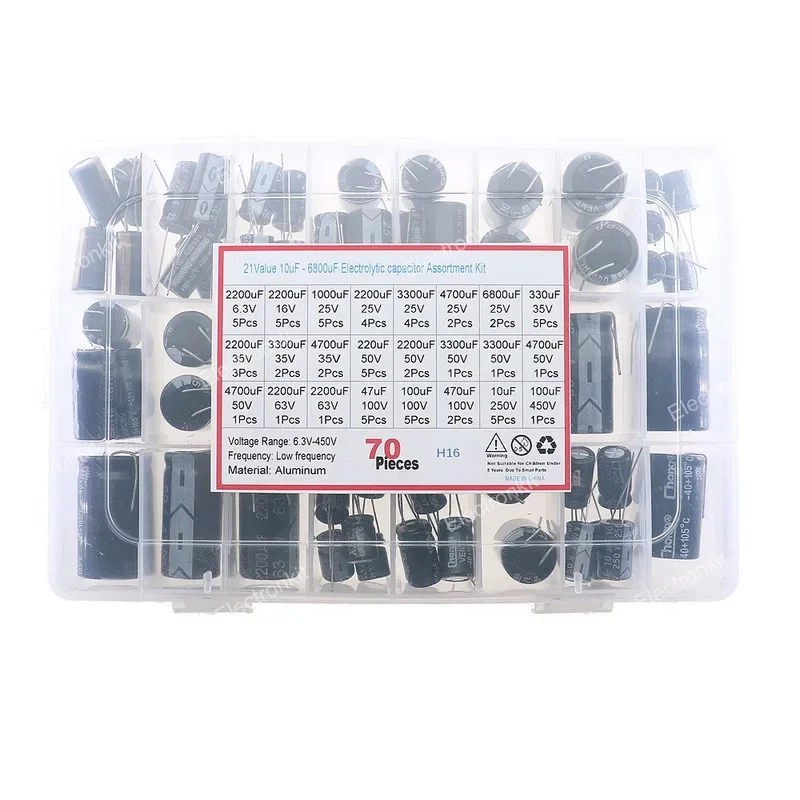 70Pcs 21Types 10uf-6800uF 6.3V-450V Mix Electrolytic Capacitor Combination Assorted Kit