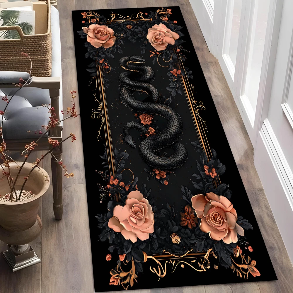 Vintage Gothic Black Snake Peach Rose Frame runner rug hallway entry foyer cottage basement loft villa floor mat gift
