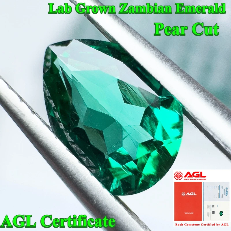 

Hot Sell Lab Grown Zambian Emeralds Hydrothermal Hand Pear Cutting with Cracks Inclusions Inside Selectable AGL Certificate