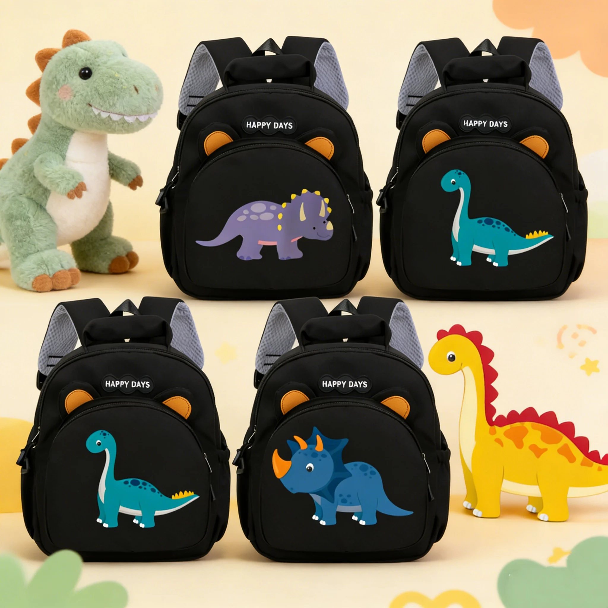 

Детский рюкзак для детского сада и начальной школы с милым мультяшным рисунком динозавра, контрастных цветов.