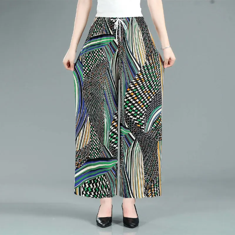 Summer Vintage Folk Printed Cropped Trousers Contrasting Colors Casual Loose Women's Clothing Stylish Wide Leg Drawstring Pants