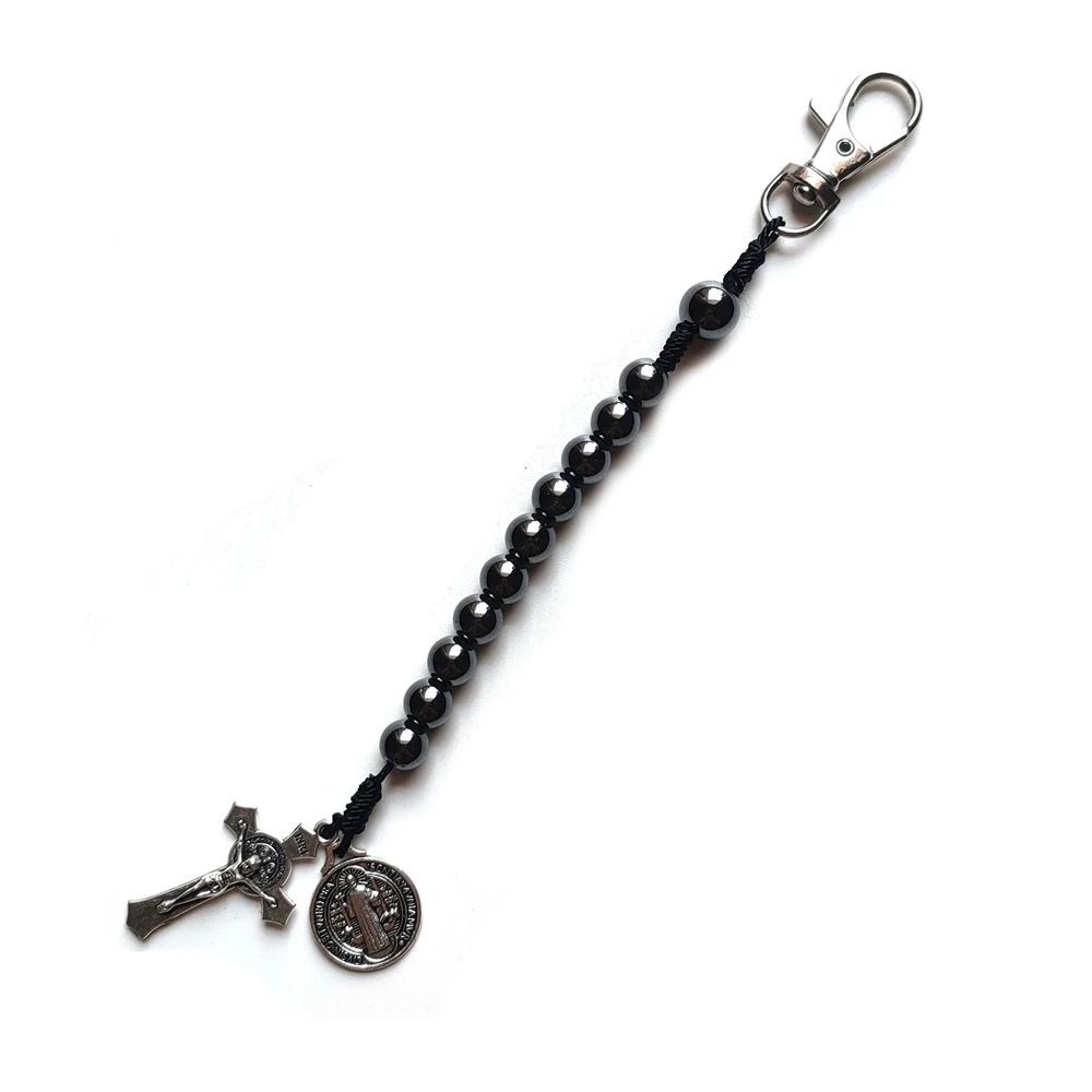 QIGO Hematite Beads Pocket Car Rosary Cross Saint Benedict Bracelets Religious Jewelry