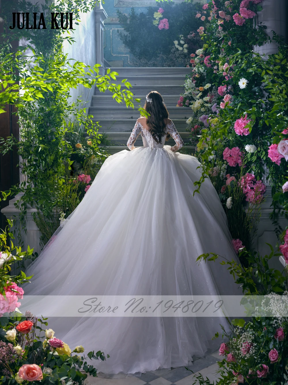 جوليا كوي مخصص وصول جديد كامل الأكمام الكرة ثوب فساتين الزفاف الديكور اللؤلؤ يزين الدانتيل الزفاف التمثيليات #2