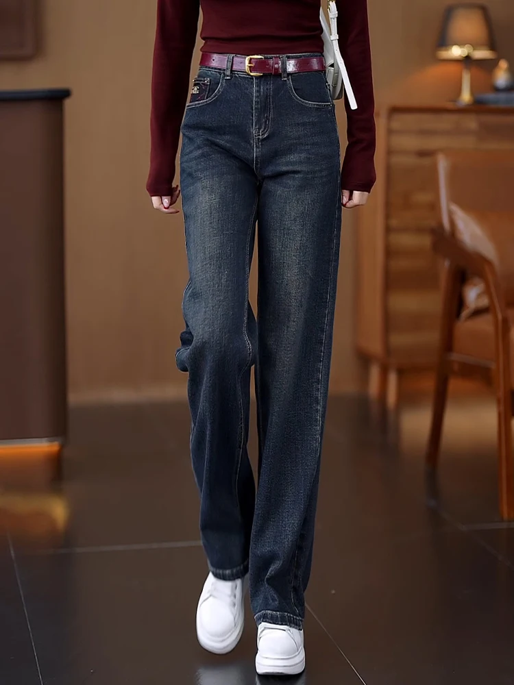 

Retro High Waist Embroidered Straight Leg Jeans Women's Spring Autumn New Style Casual Slimming Wide Leg Pants