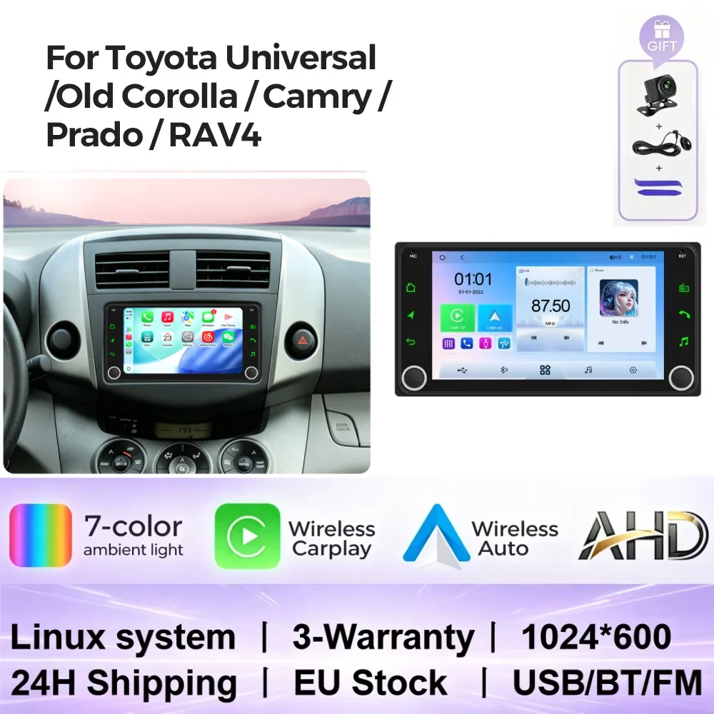 Neues 7-Zoll-Wireless-CarPlay-Android-Auto-Stereo-System für Toyota Universal/alt Corolla/Camry/Prado/RAV4 Linux-System Intelligenter Auto-Multimedia-Player mit 7-Farben-Beleuchtung WIFI BT RDS Radio