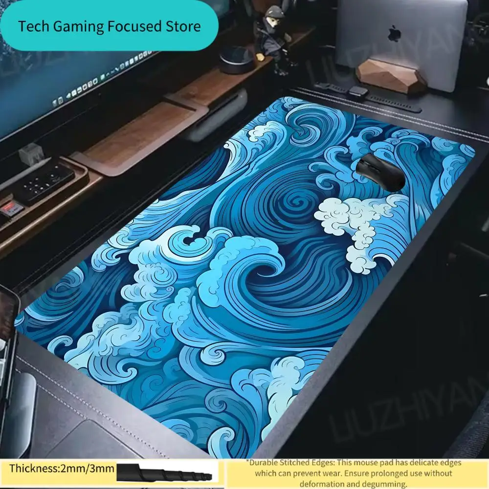 Blue Japan Waves Mauspad XXL für Laptops, Gaming-Schreibtischunterlage, großer Büroteppich, Gamer-Tastatur, Computer-Mauspad, lange Schreibtischunterlage
