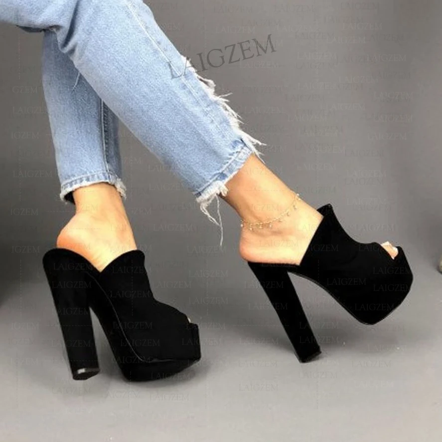 ZHIMA Women Platform Mules Slip On Peep Toe Thick High Heels Sandals Pumps Faux Suede Party  Shoes Woman Big Size 39 45 48 52