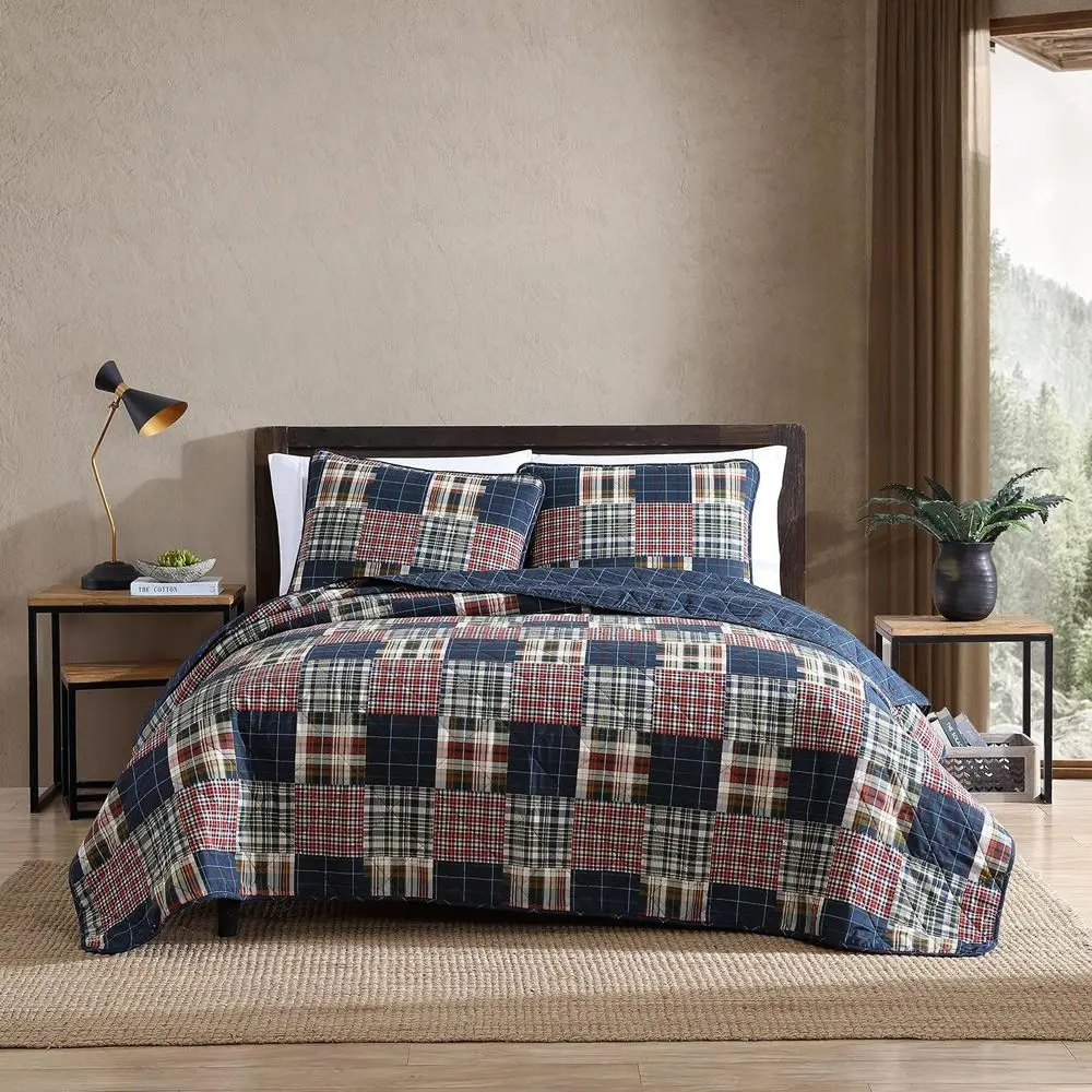 

Cotton Reversible Queen Quilt Set with Matching Shams in Madrona Navy/Red Luxurious Bedding
