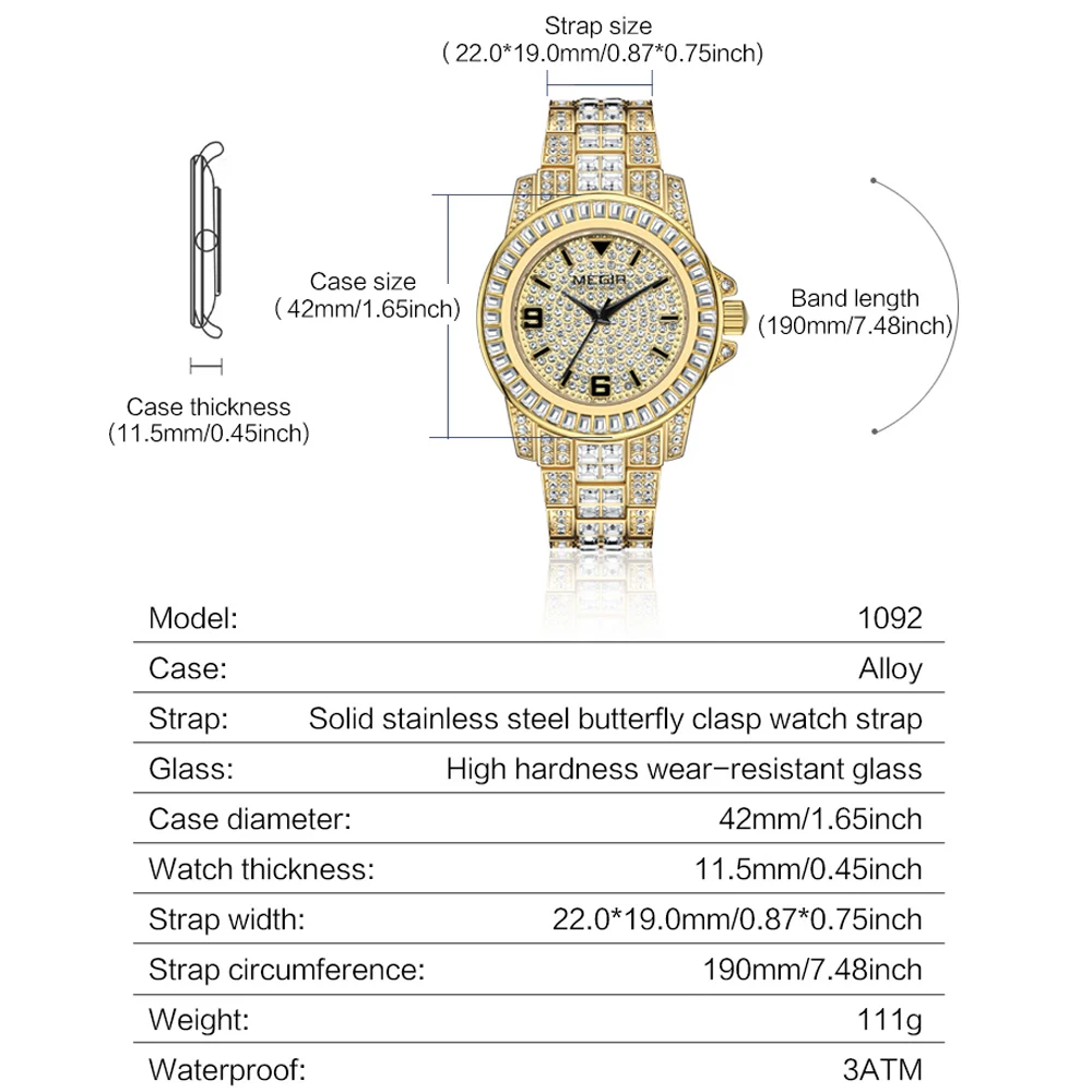 MEGIR Quartz Watch for Men Luxury Diamonds Golden Watch Man Waterproof Rhinestone Wrist Watch Business Men's Steel Band Watches