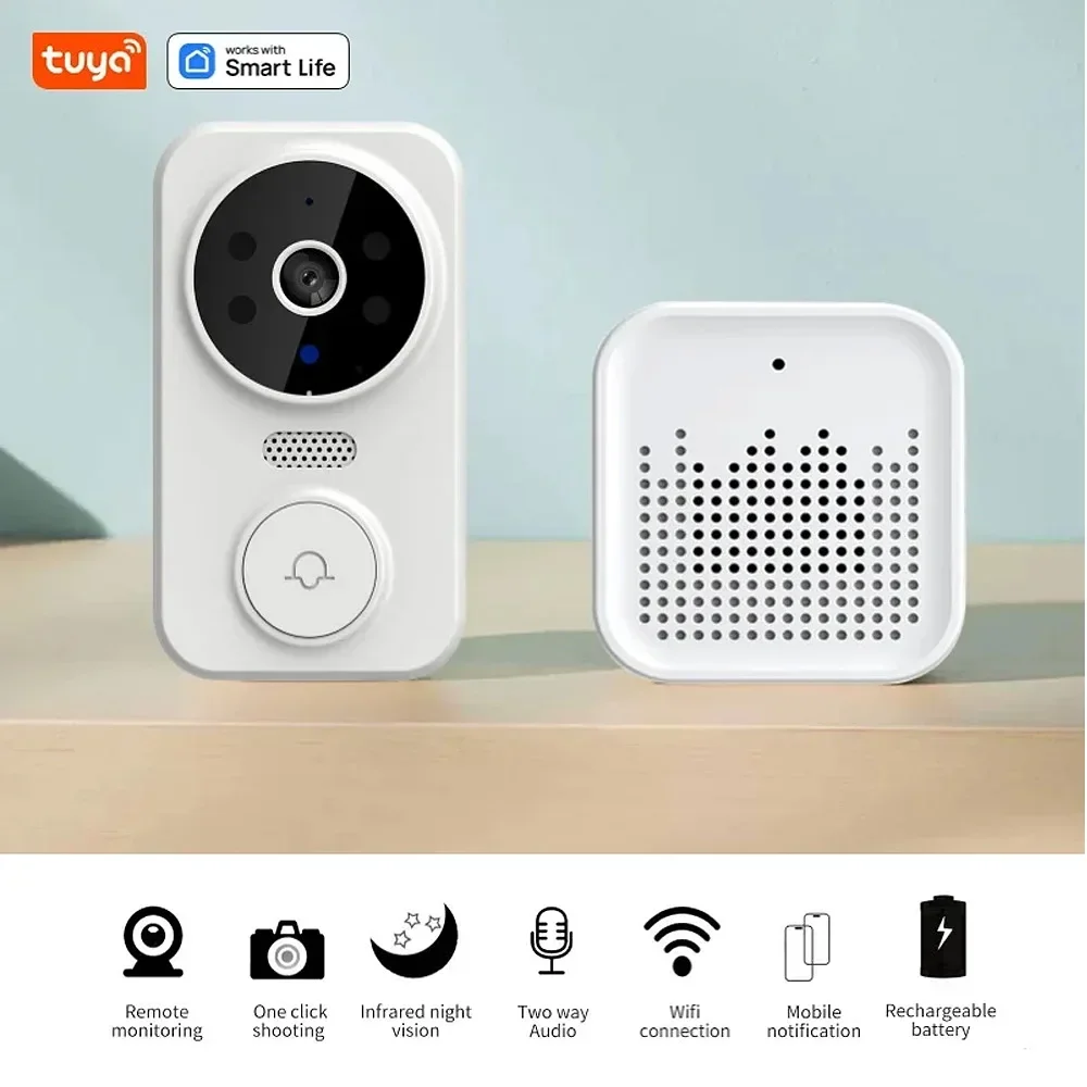 

Tuya WiFi Video Doorbell Home WiFi Wireless Doorbell Rechargeable Battery Powered Color Night Vision Camera Bell Visual Doorbell