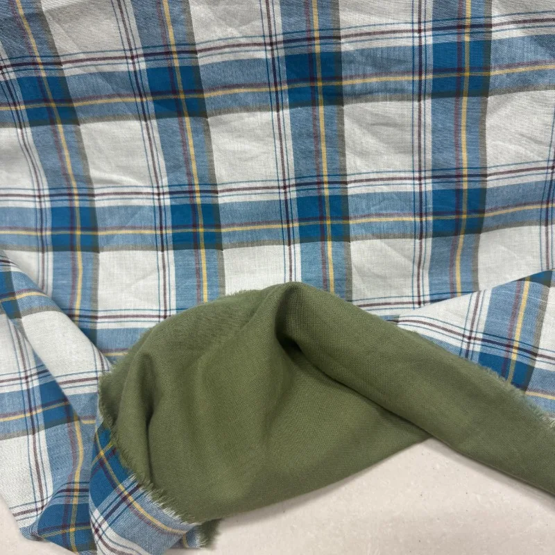 Blue White Plaid Double Layer Pure Cotton Gauze Fabric Breathable Shirt Dress Curtain Tablecloth Handmade Sewing DIY Material