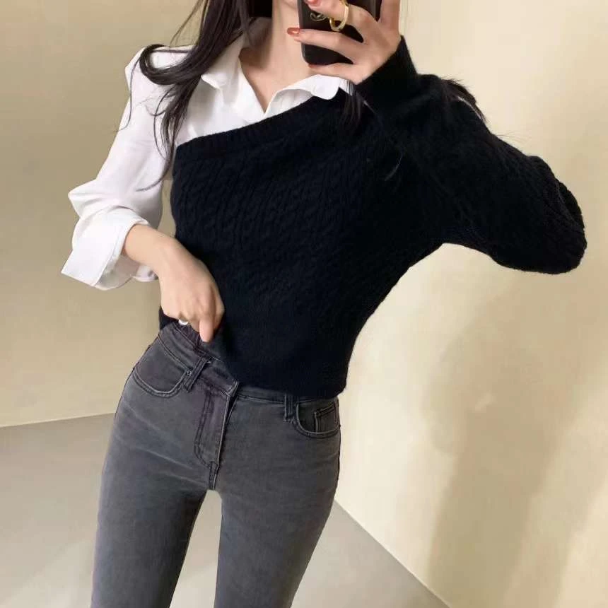 Splicing Knit Patchwork Shirt Sweaters for Women Slim Fit Gray Female Pullover Winter 2024 Harajuku Autumn Outerwears Basic Top