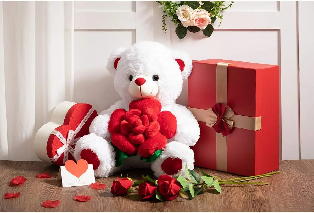 

30cm Bear Plush Toy with Rose Valentine's Day Gift Stuffed Animal Doll for Girls Teddy Bear Girlfriend Present Kids Kawaii Toy