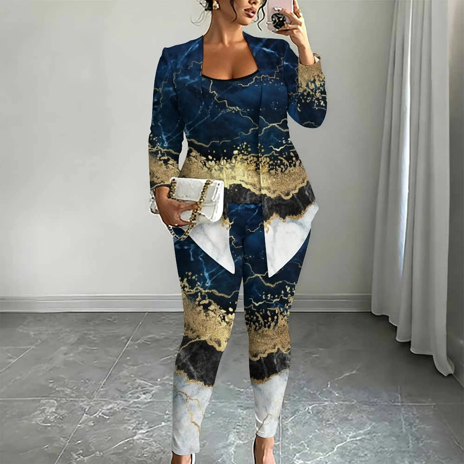 Winter Elegant Tight Pants Daily Street Casua Set Autumn Women's Printed Coat Sexy Vest Fashion Three Piece Set
