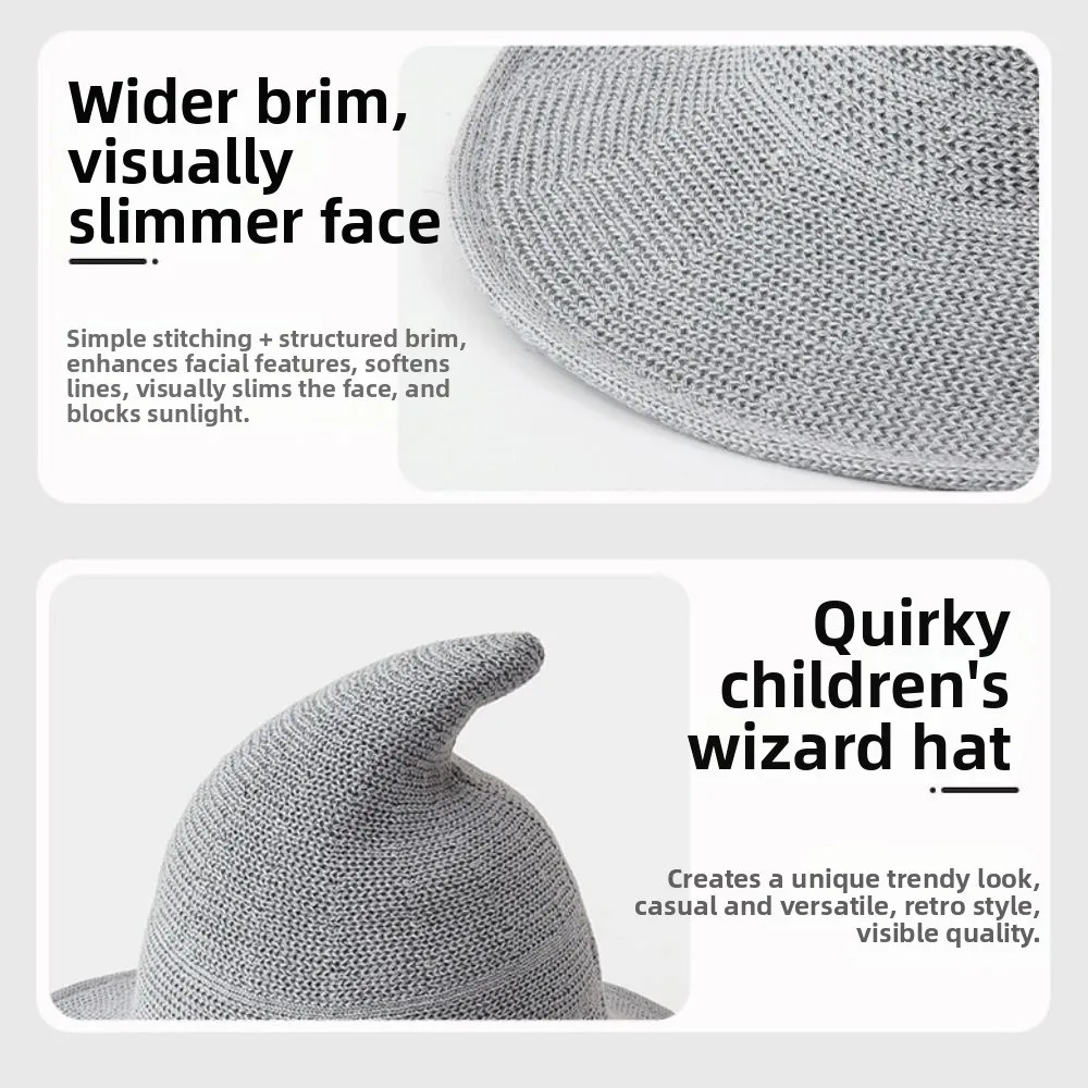 Soft Children's Witch Hat Breathable Solid Color Knitted Wizard Cap Yarn Cotton Foldable Wide Brim Spire Children