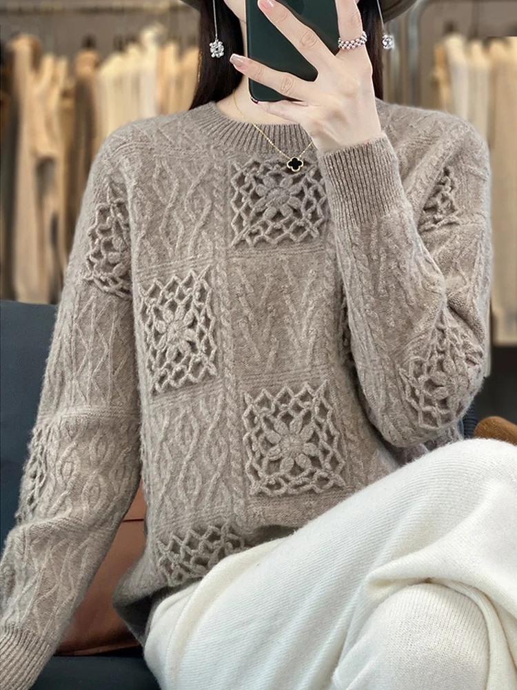 Y2k Cashmere Hollow out Loose fit Women\'s Sweater 100% Merino Wool Fashion Thickening Pullover Oversized Top Female 2023 New