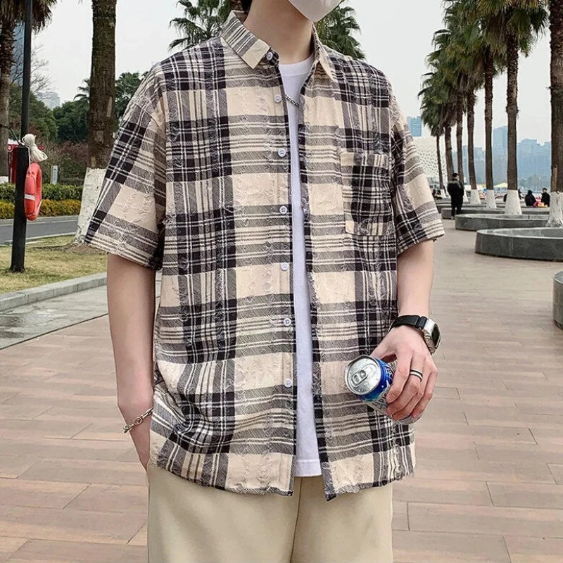 Vintage Short Sleeve Ripped Men's Plaid Shirt Summer Trendy Striped Printed Oversized Men Shirts Jacket Large Size Streetwear