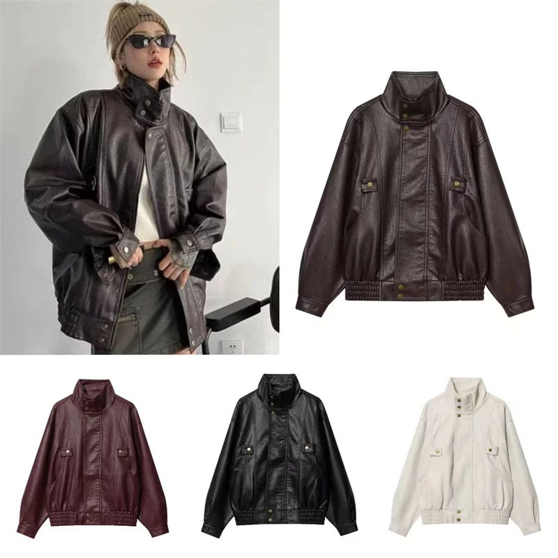 Giacca da donna 2025 Inverno Nuova giacca stile motociclista in ecopelle a maniche lunghe tinta unita alla moda ed elegante