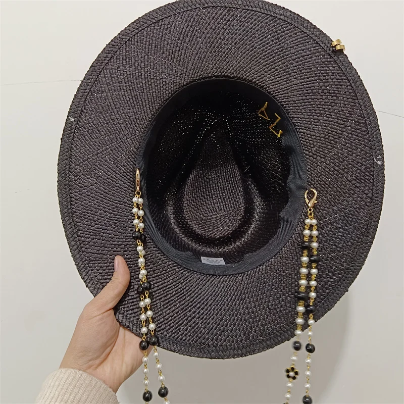Personal design summer straw hat DIY handmade hat pearl chain jazz hat sun hat new letter hat beach hat female sombrero