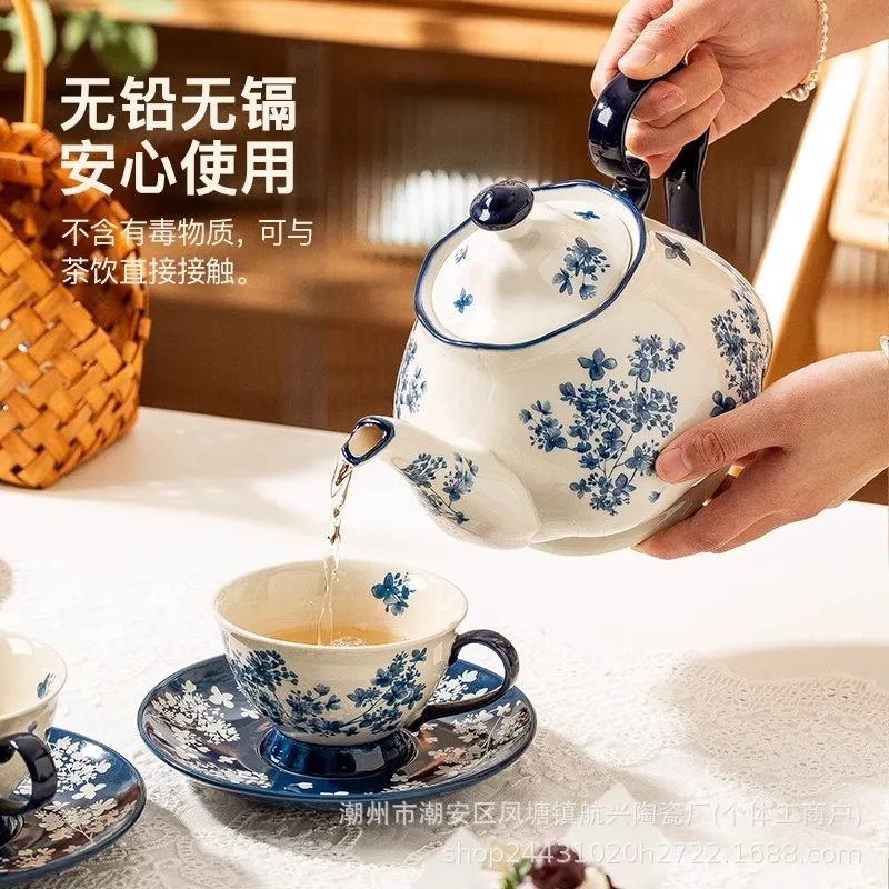 HYS retro blue and white coffee cup and saucer set, afternoon tea, one pot of four cups of water set, welcome teapot