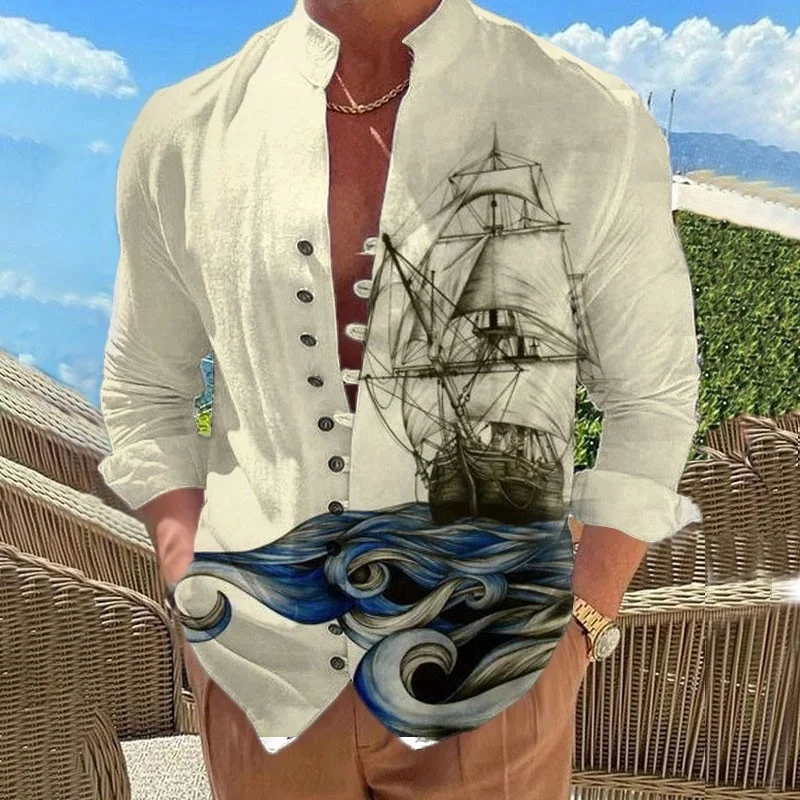 

2026 Retro Sailing Shirt, Men's Fashion Casual Single-Breasted Shirt, Men's Outdoor Stand Collar Long-Sleeve Top
