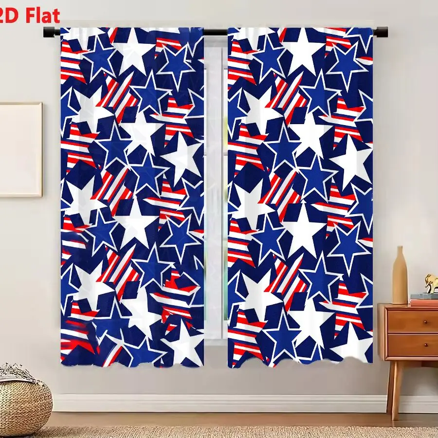 2Pcs Curtains 2D Flat Vibrant Patriotic Pattern With White And Dark Blue Stars Overlapping On Navy Background Featuring Red And