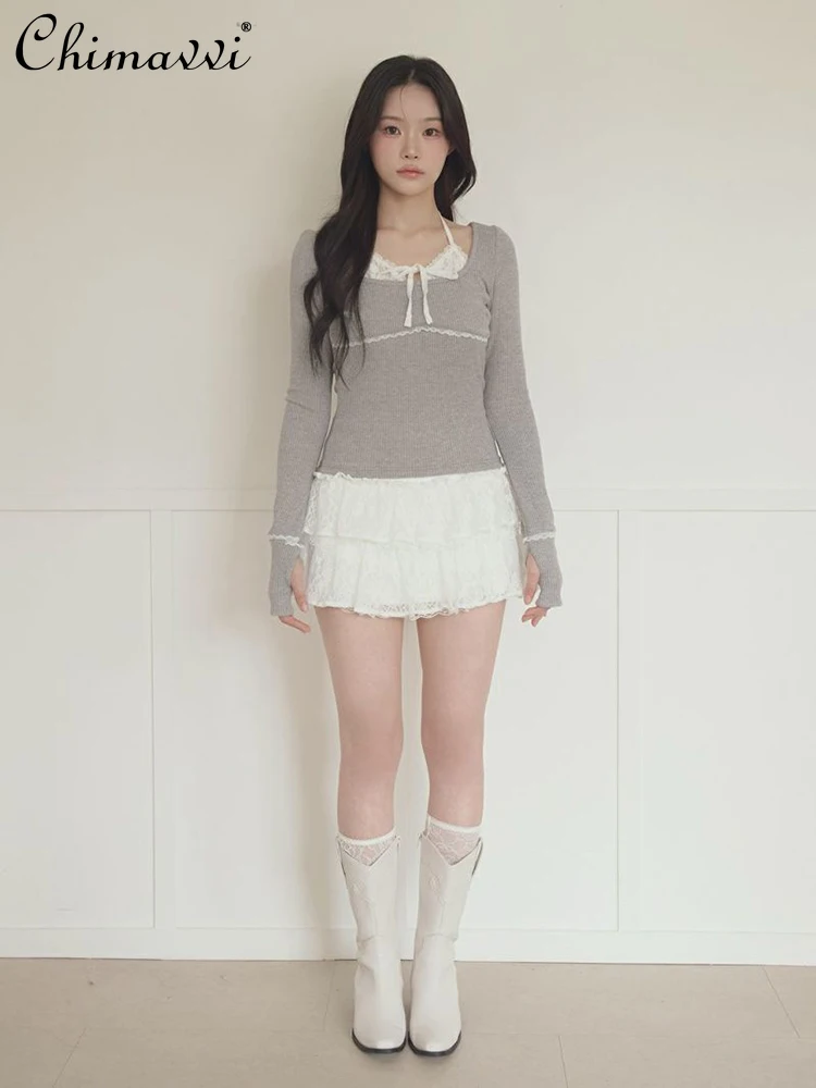 Japanese Sweet Lace Patchwork Lace-Up Fake Two-Piece Stretch Long Sleeve T-Shirt Autumn New Fashion Slim Fit Elegant Women's Top