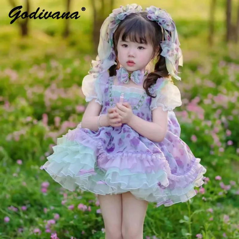 Sweet Baby Girls High End Heavy Handmade Puff Sleeve Lolita Princess Dress Kids 2026 New Summer Fashion Purple Tulle Ball Gown