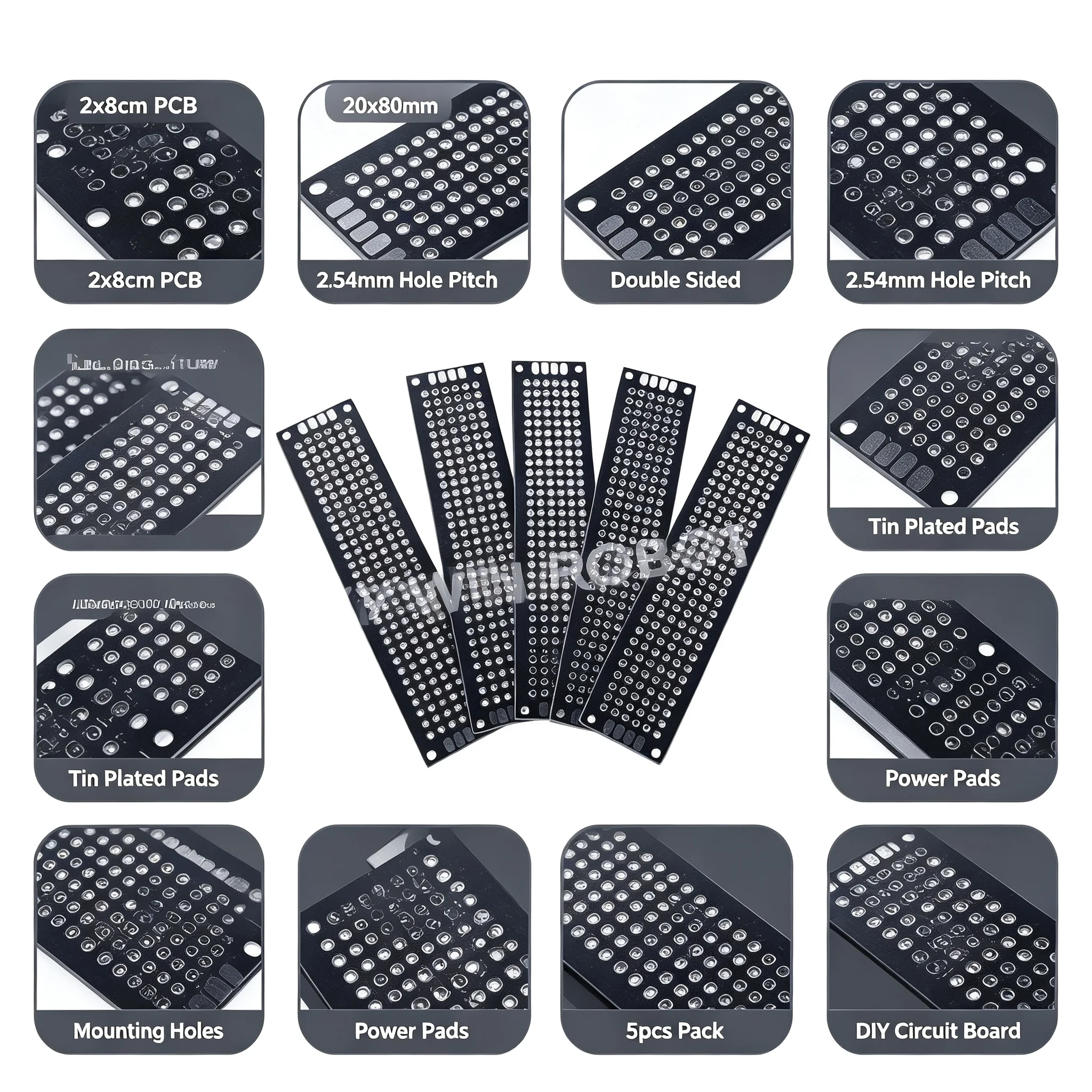 5pcs 2x8cm 20*80mm Black Double Side Prototype PCB Board 2.54mm Hole Pitch FR4 Universal Protoboard DIY Soldering Circuit Board