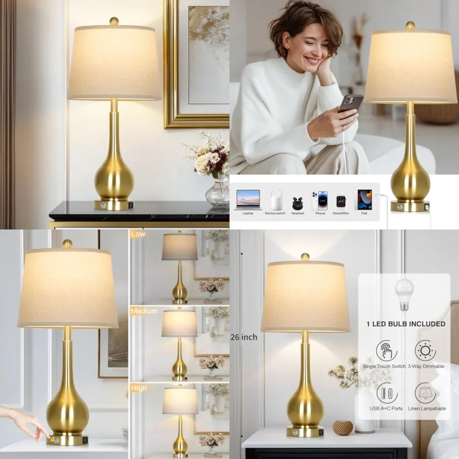 

26" Gold Table Lamp for Living Room Single, Touch Control Bedside Lamp for Bedroom, 3-Way Dimmable End Table Lamp for Nightstan