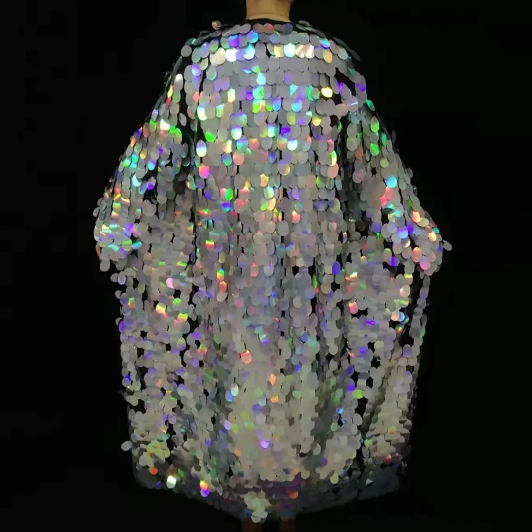 Gold Sequins Long Coat Stage Costume Women Singer Leading Dance Hip Hop Punk Glitter Mirror Cloak Party Overcoat Performance