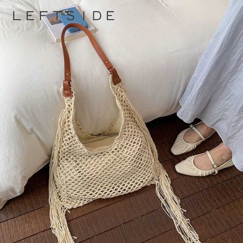 

LEFTSIDE Women's Woven Mesh Fringe Shoulder Bag Vacation Casual Aesthetic Beach Daily Shopping Tote Bag 2026 Summer Handbags
