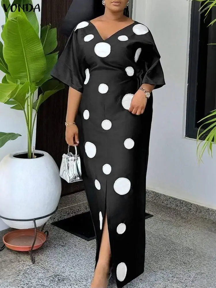 Vestido largo bohemio de talla grande 5XL para mujer, vestido veraniego con estampado de puntos, moda 2025 VONDA, bata de media manga, Vestidos de fiesta holgados informales