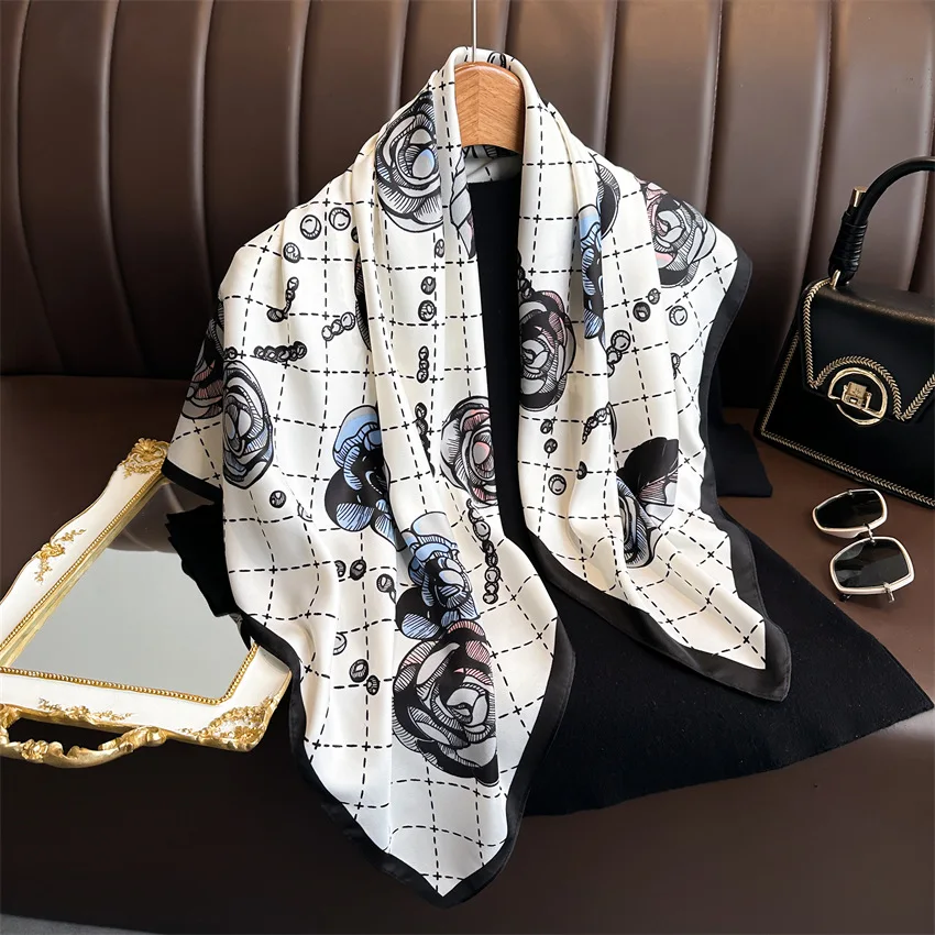 Women Fashion 90*90cm Print Silk Scarf Female Square Scarves Headband Foulard Ribbon Wraps Hairband Neckerchief Shawls Bandanna