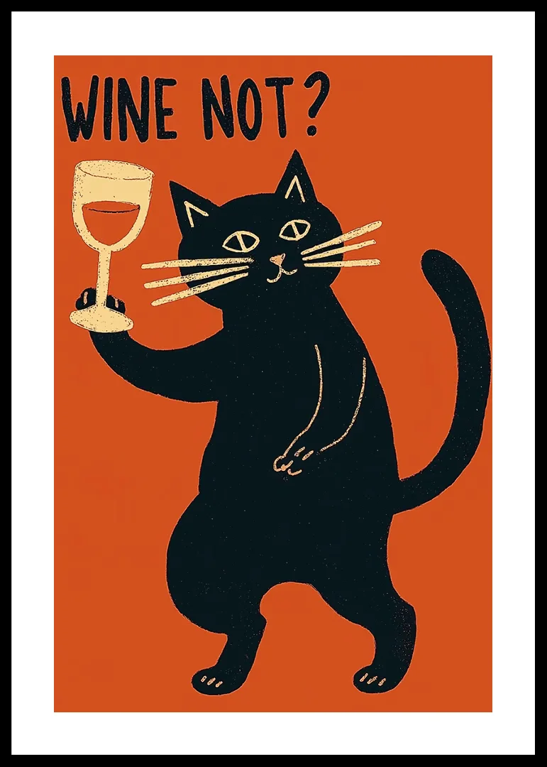 Black Cat Wine Not Funny Canvas Wall Art Print Poster, Retro Orange Wall Decor for Kitchen Bar Living Room Home Decoration