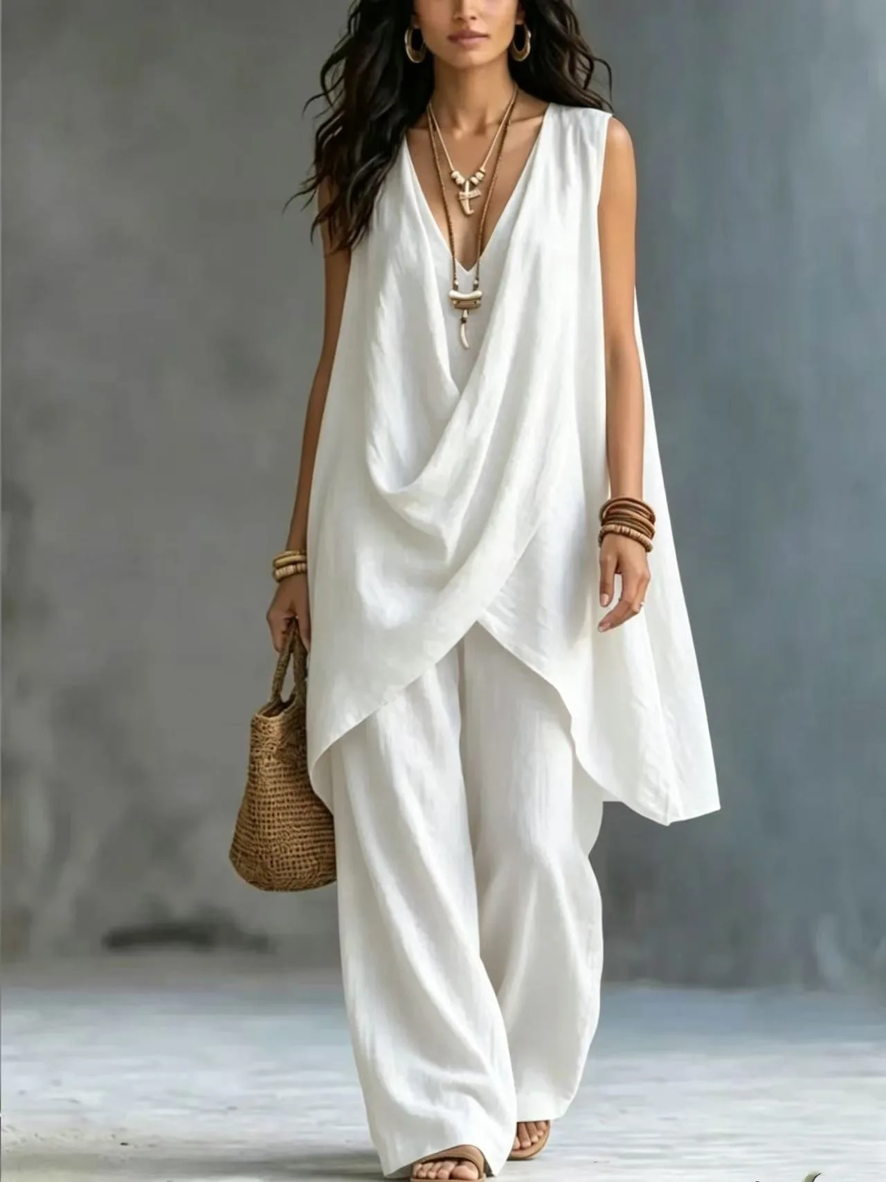 

Fashion Loose Cotton Linen Sleeveless Trousers 2 Piece Set Women Summer New Casual V-neck Retro Female Wide-leg Pants Suit